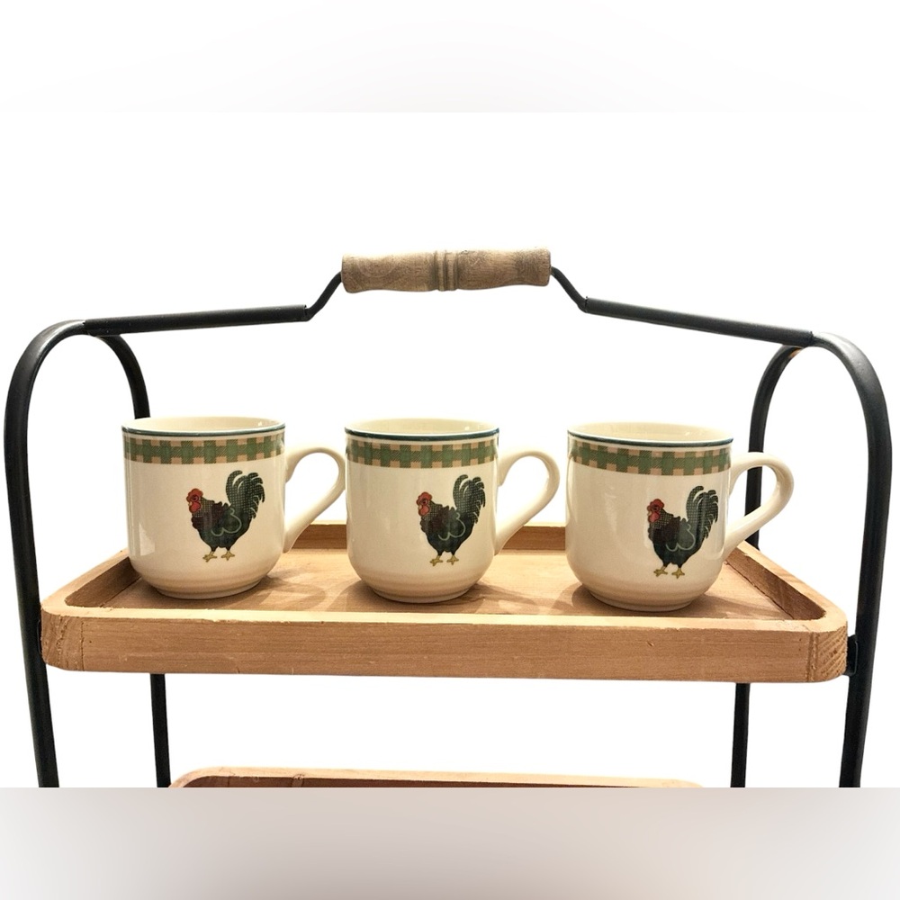 Set of 3 Cream Rooster‎ Mugs with Green Accent